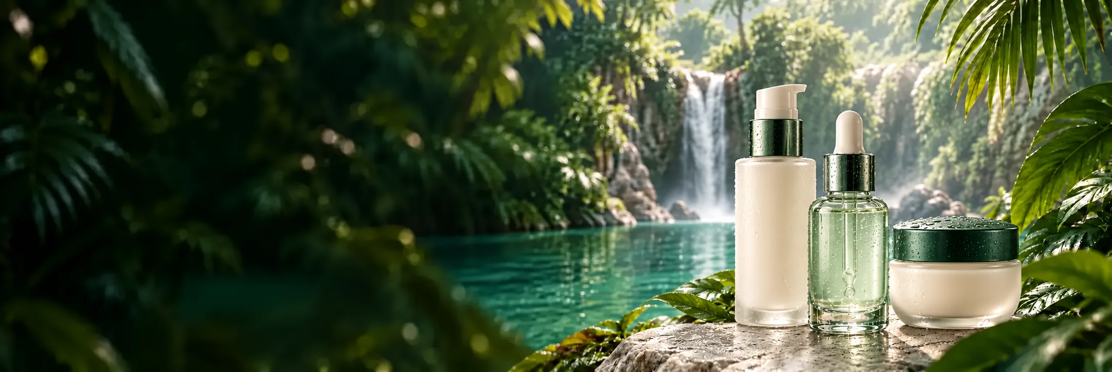 Skincare bottles and a cream jar beside a lush emerald lagoon