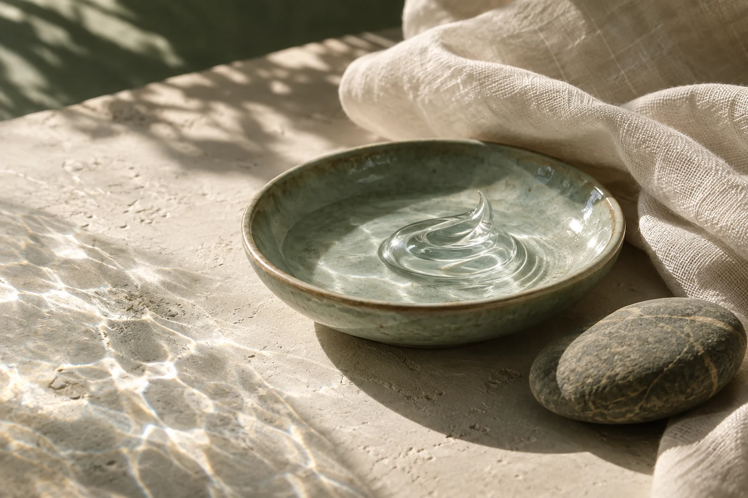 A translucent skincare texture on a celadon dish in soft morning light